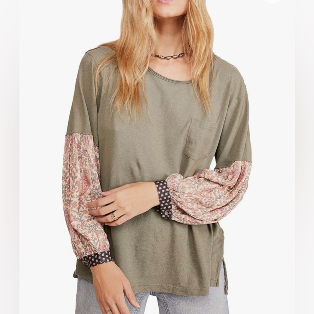 We The Free People Pocket T Shirt Oversized Balloon Sleeve Boho Tunic Floral